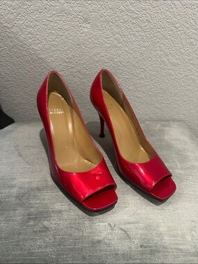 Stuart Weitzman Red Patent Open-Toe Pumps